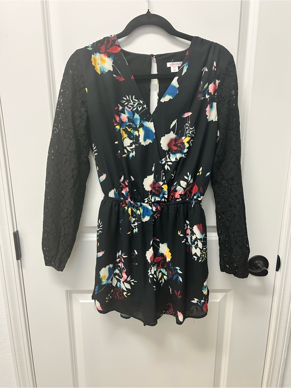 Xhilaration Black Floral V-Neck Romper with Lace Sleeves